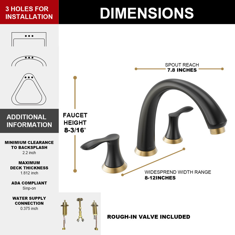 Double Handle Deck Mounted Roman Tub Faucet with Rough-in Valve, Gold/Black