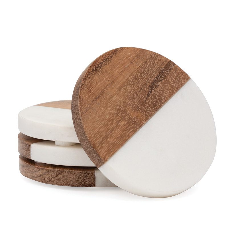 Ensemble de 4 sous-verres ronds en marbre naturel et bois d'acacia Thirstystone