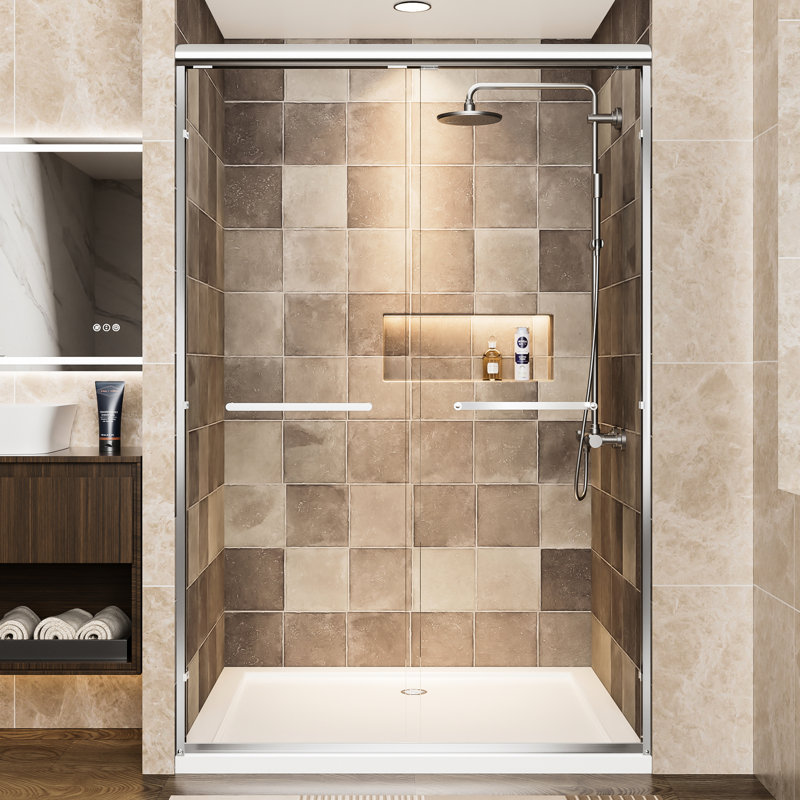 Double Sliding Shower Door In Aluminum Frame, 48" W X 72" H, 1/4" (6Mm) Clear Tempered Glass With Film, Adjustable Width, Stainless Steel Handles For Bathroom Frame Door, Wide, High, - Shatter