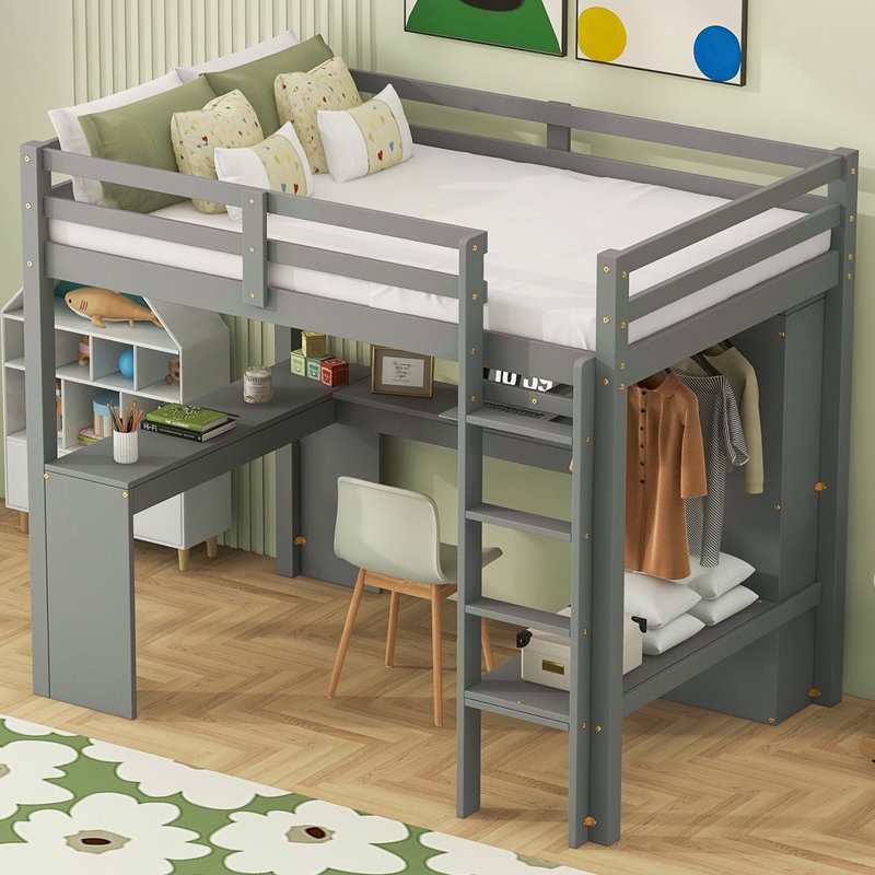 Lit mezzanine avec bureau en L, garde-robe et tablettes de rangement, Gris, Lit simple