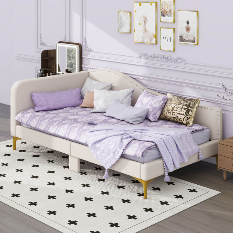Lit de jour rembourré polyvalent avec tête de lit et accoudoirs, Beige