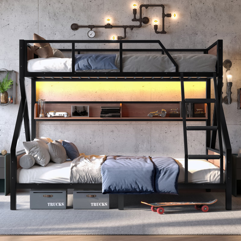 Twin XL over Queen Bunk Bed, Metal Bunk Bed with Storage Shelves and Lights, Space-saving & Noise-free Design, Black