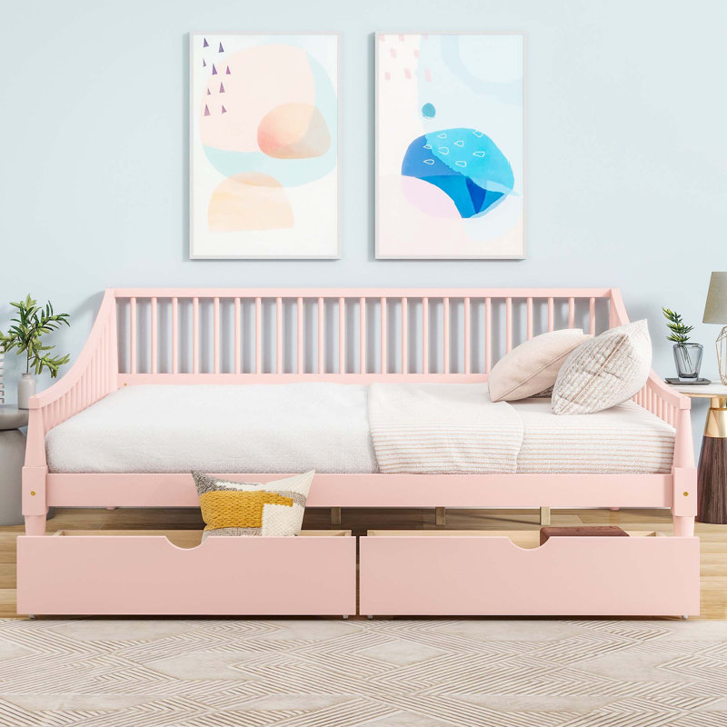 Lit de jour avec deux tiroirs de rangement et pieds de soutien, Rose