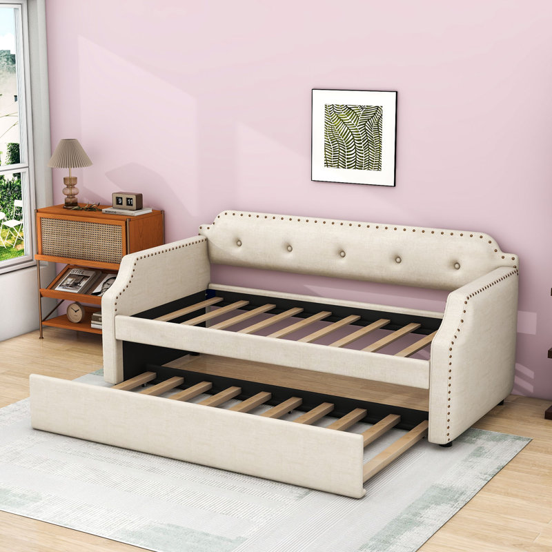 Twin-Size Linen Upholstered Daybed with Twin Trundle and Slats, Beige