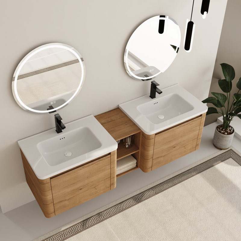 Ensemble de meuble-lavabo double 68 po avec plateau en céramique Walden, 68", Imitation chêne