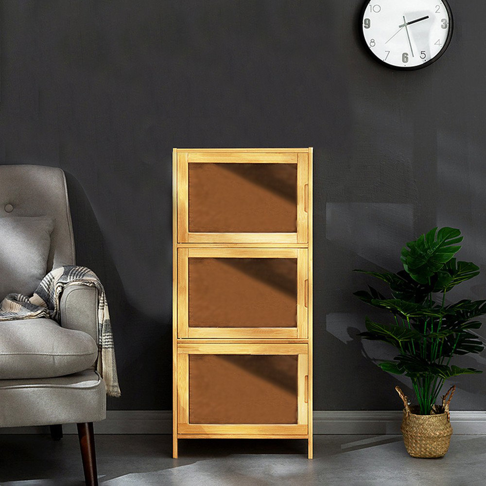 3 Tier Display Cabinet Storage Shelves Bamboo Clear Door Toy Doll Display Case