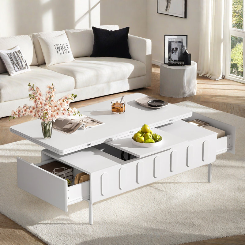 Lift-top Coffee Table With Foldable Top, 2 Drawers, Hidden Storage Compartment And Metal Legs, White