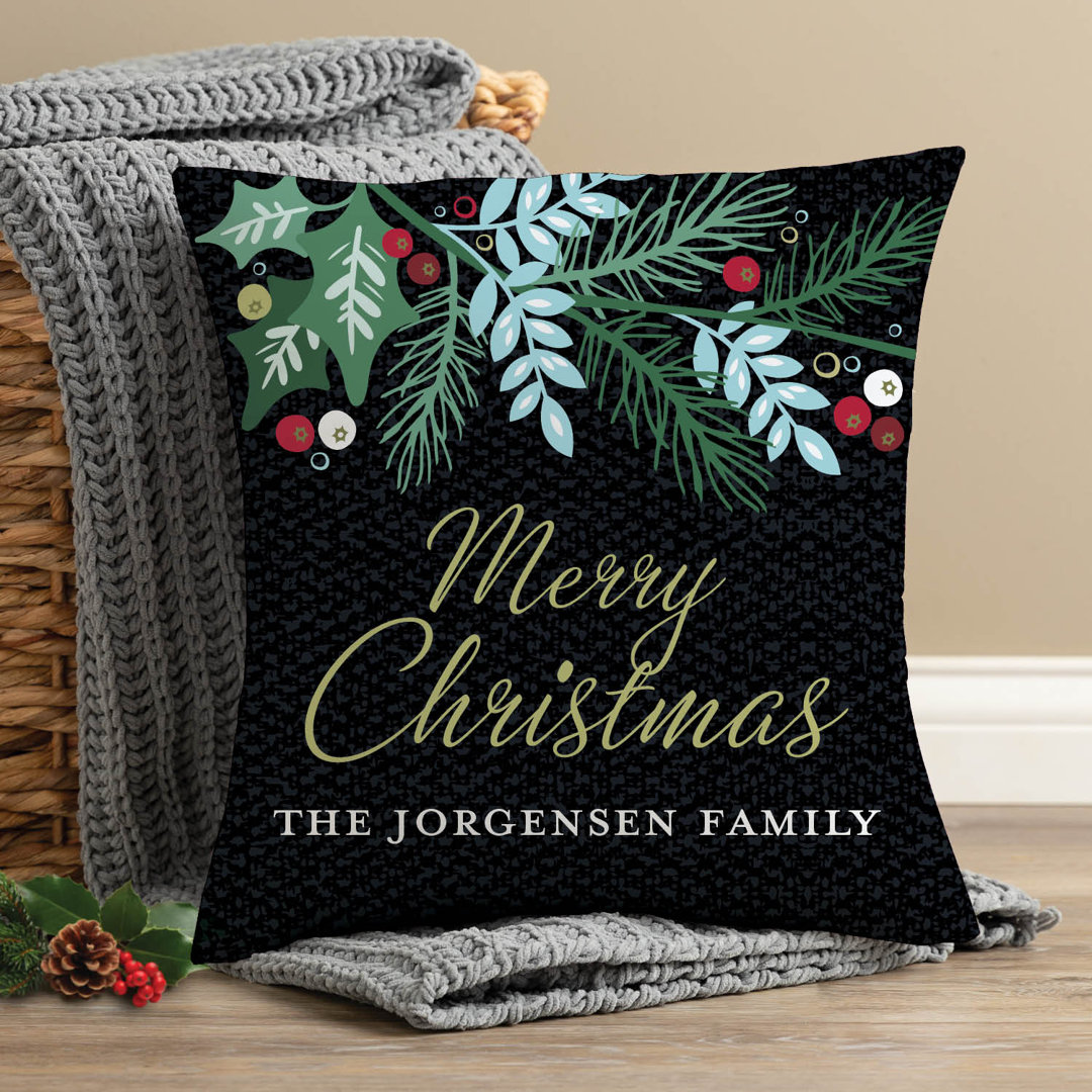 Floral Christmas Throw Pillow With Custom Personalization Printed | Square Removable Cover | Holiday Themed Decorative Accent | 14" X 14" CPS 