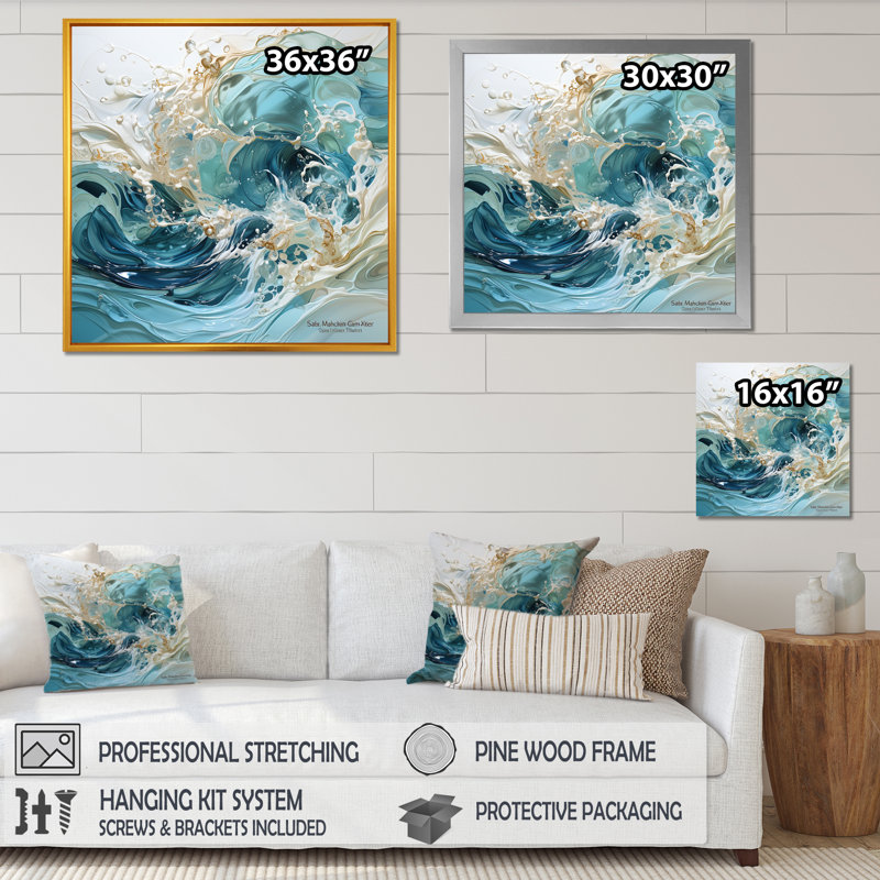 «Ocean Charm», art de vague liquide, H 24 po x l 24 po x P 1 po, Cadre simple noir