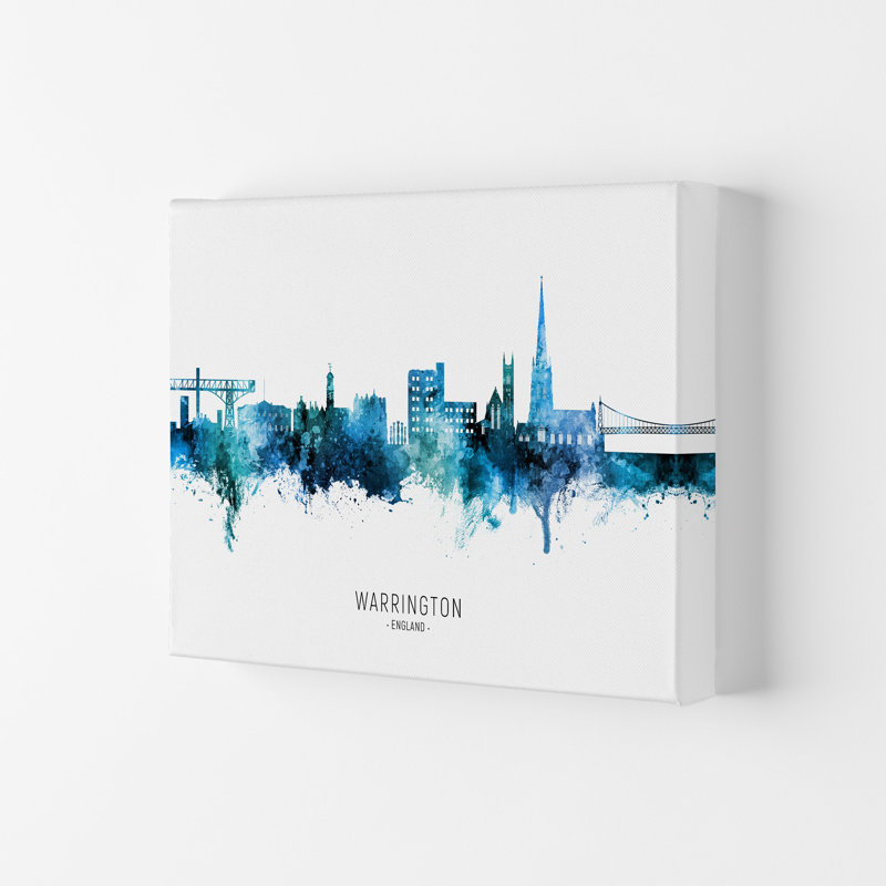 Warrington England Skyline Blue City Name by Michael Tompsett - Print, 42cm H x 59.4cm W x 4cm D, Wrapped Canvas