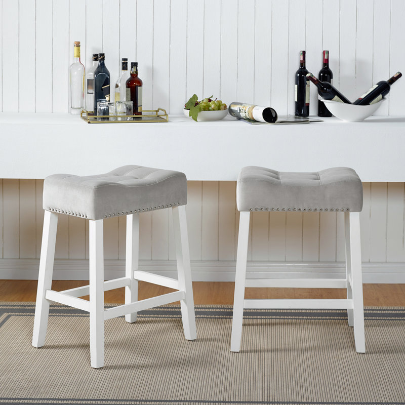 Velvet Counter Height Stools with Tufted Saddle Seats,Set of 2, Gray