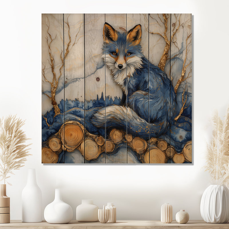 Night Fox By The Lake Landscape  - Fox Animal Wood Wall Art - On Natural Pine Wood, 15" H x 15" W x 0.78" D