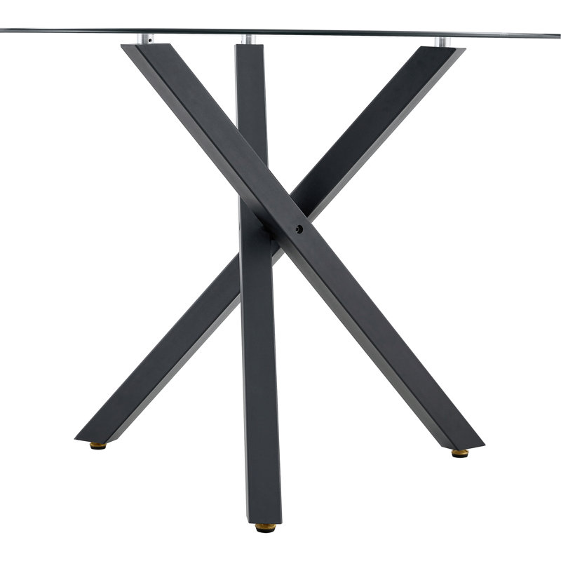 Table ronde moderne en verre minimaliste: 31 pouces de diamètre, support en métal noir en forme de X, élégant et pratique.