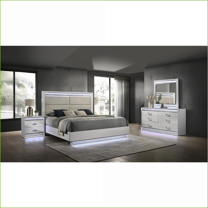 Ensemble de chambre à coucher 4 pièces grand moderne Glam avec tête de lit à DEL, velours et amp; Cristal, ivoire | Bois | Commodes doubles