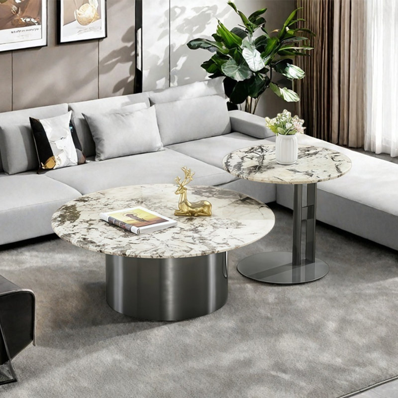Ensemble de tables basses rondes en marbre, H 13,8 po x L 31,5 po x l 31,5 po, Beige / gris, Gris