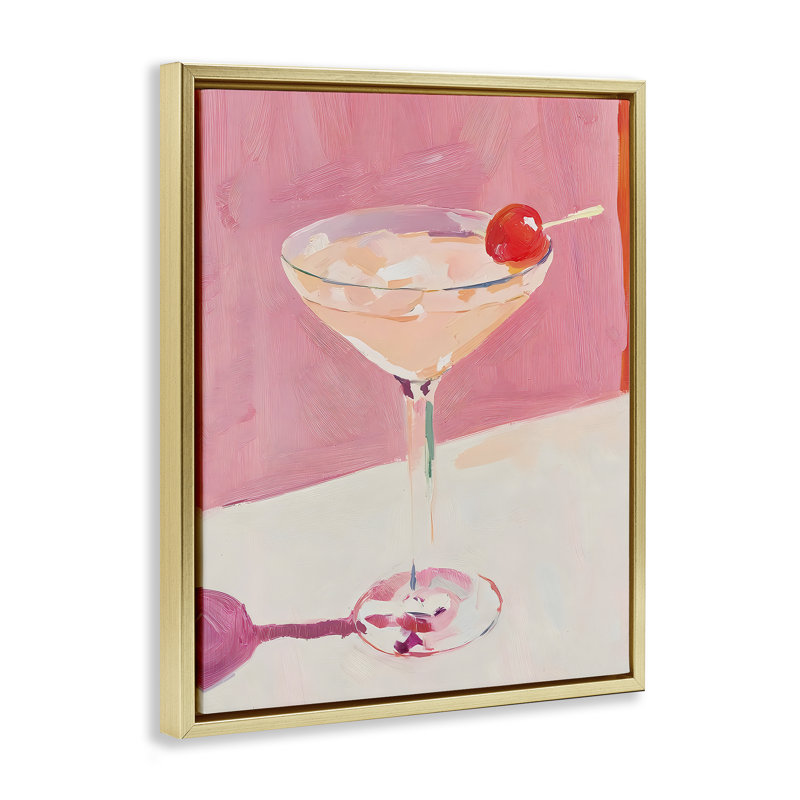 Pink Cherry Cocktail Floating Frame, design by Riley B, 31" H x 25" W, Metallic Gold Floater Frame