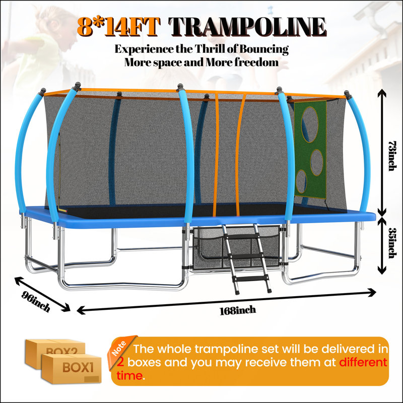 Trampoline d'extérieur 8X14FT pour enfants et adultes avec enceinte sécuritaire et fabrication durable