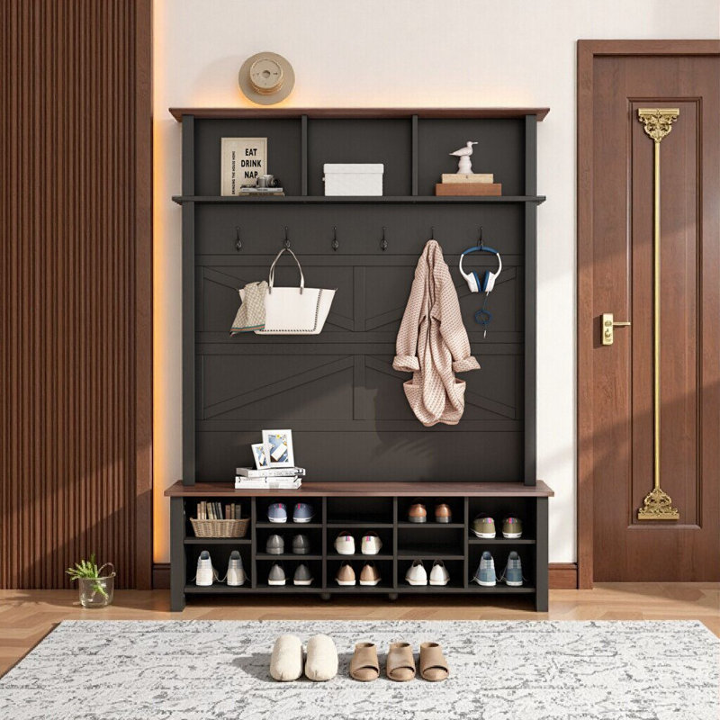 Farmhouse 4-in-1 Hall Tree with Entryway Bench & Shoe Organizer, 6 Hooks, 16 Compartments, Adjustable Shelves, Walnut and White