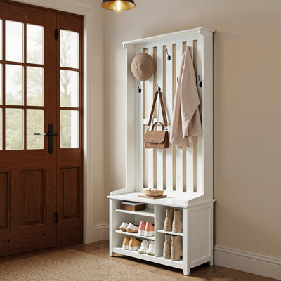 Hall Tree 31.9'' Wide With Bench And Shoe Storage, 7 Double Hooks