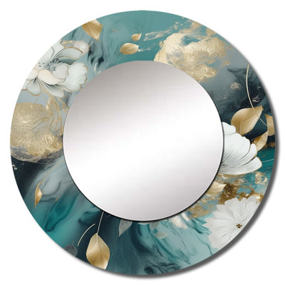 Sharynn Golden Blue Marble Flowers II - Floral Mirror, Turquoise Round Decorative Wall Mirror, Printed Metal Art