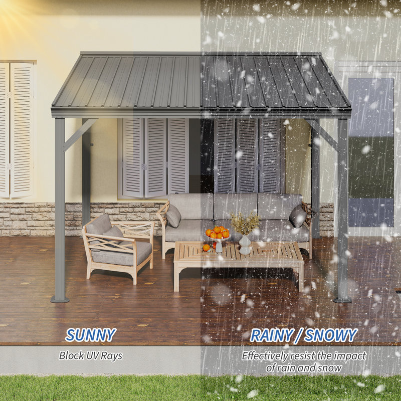 Patio Gazebo Lean to Wall Mounted Pergola with Sloping Galvanized Steel Roof, 92.04" H x 120" W x 96" D, Gray