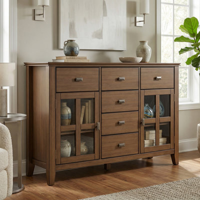 Buffet en bois massif à 2 portes avec 6 tiroirs et tablettes réglables Artisan