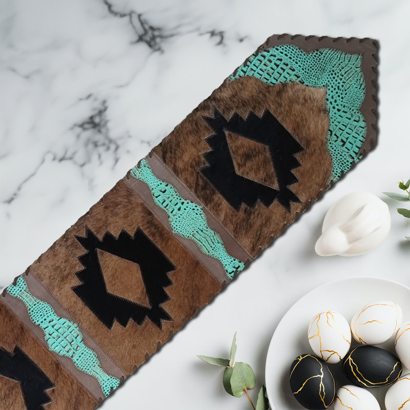 Chemin de table en cuir de vache et cuir, L 120 po x P 12 po, Noir / brun / turquoise