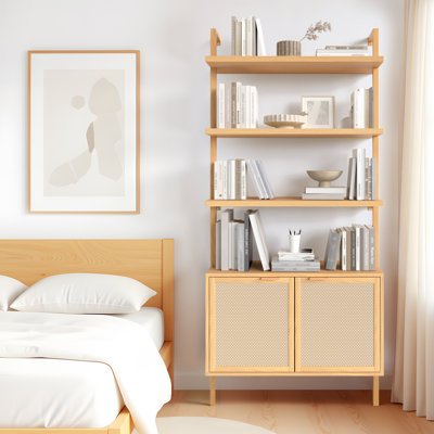 Rattan Ladder D8AF3B25858B475D809CE08E25BC3DFC, 31.5" Wide 6-tier Bookcase With Storage Cabinets, Boho Wood D8AF3B25858B475D809CE08E25BC3DFC With Door by Dakota Fields