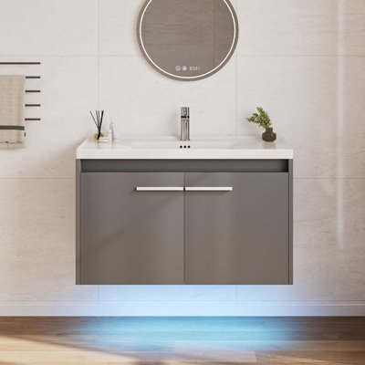 31" Black Floating Bathroom Vanity with Sink, Modern Clearance Bathroom Vanities LED Light