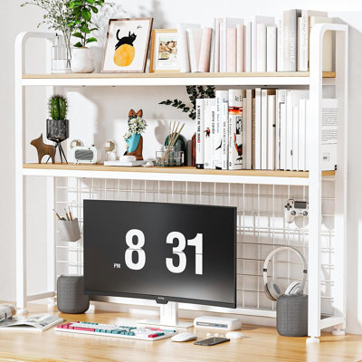 2-Tier Desktop Bookshelf, Multipurpose Wood Countertop Shelf For Computer Desk, Wood Desk Hutch Bookshelf Desk Organizer For Office Home Dormitory, 29.6 * 7.9 * 38 In