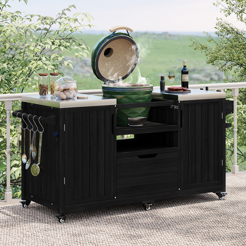 Îlot de cuisine d'extérieur K&K pour barbecue en bois massif 66,5 po, Noir, noir, noir, noir