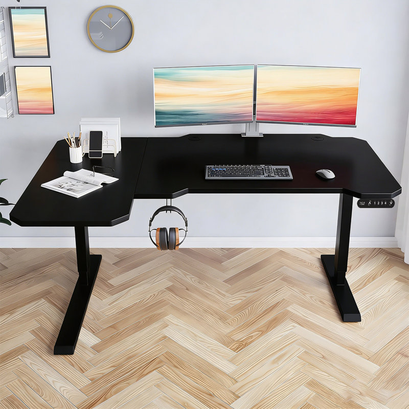 L-Shaped 59 Inch Height Adjustable Electric Standing Desk, Ergonomic and Spacious for Home Office Use, Black/Black