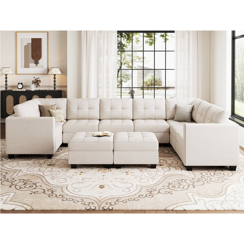 Buckleton 143'' W Large Upholstered Velvet Movable Modular U Shape Sofa with Storage, Beige Velvet
