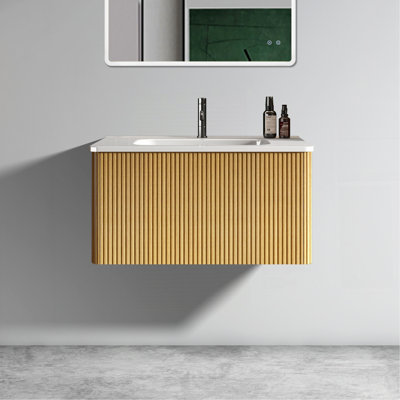 Meuble-lavabo en chêne rayé 30 po avec lavabo en céramique blanc Etna pour salle de bain moderne Etd