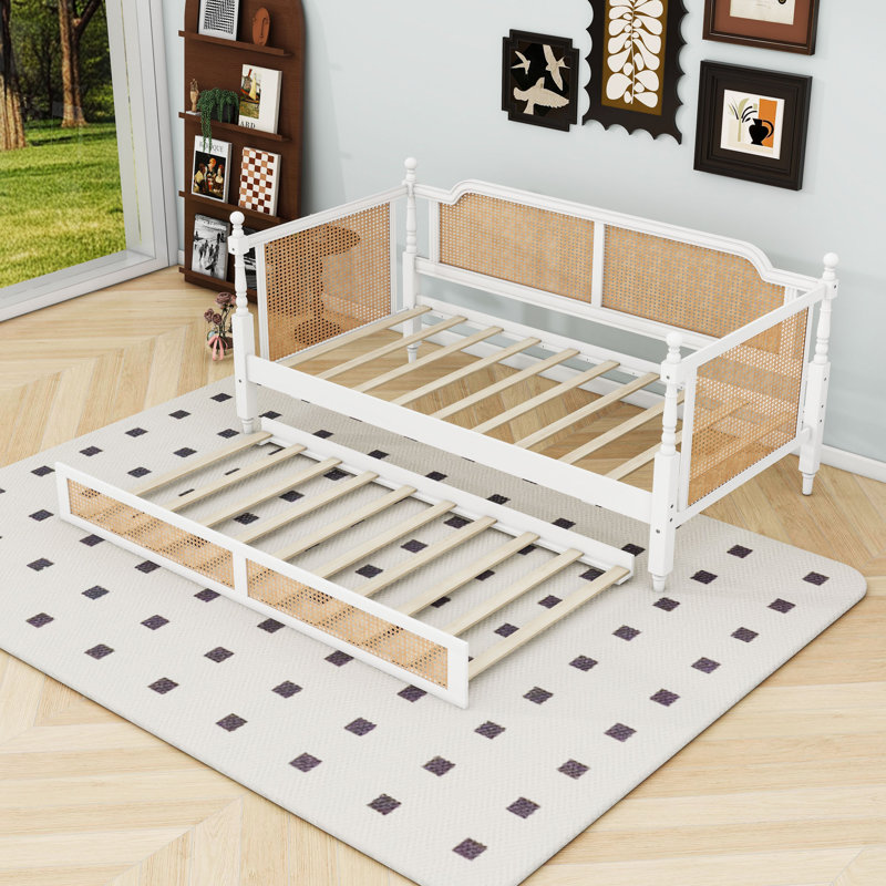 Wood Daybed with Rattan Headboard and Trundle, Twin, Antique White