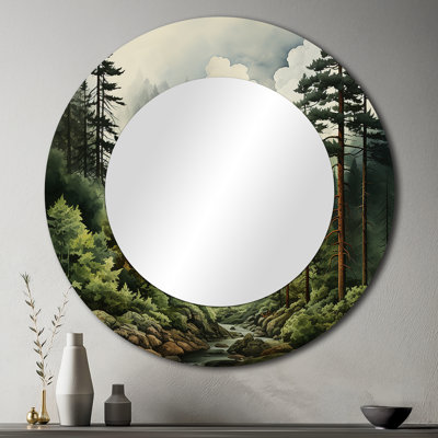 Pine Tree Forest - Pine Wall Mirror, Green Round Decorative Mirror, Printed Metal Art