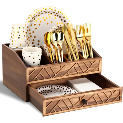 Paper Plate Dispenser, Wood Rustic Paper Plate Holder For Countertop With Drawer Silverware Utensil Caddy, Cutlery Flatware Organizer For Spoon Fork Napkins Kitchen Parties