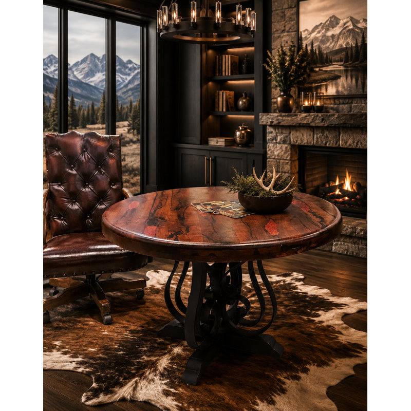 Table de salle à manger ronde Mesquite | 72 po en bois massif, base en fer forgé, style rustique ranch