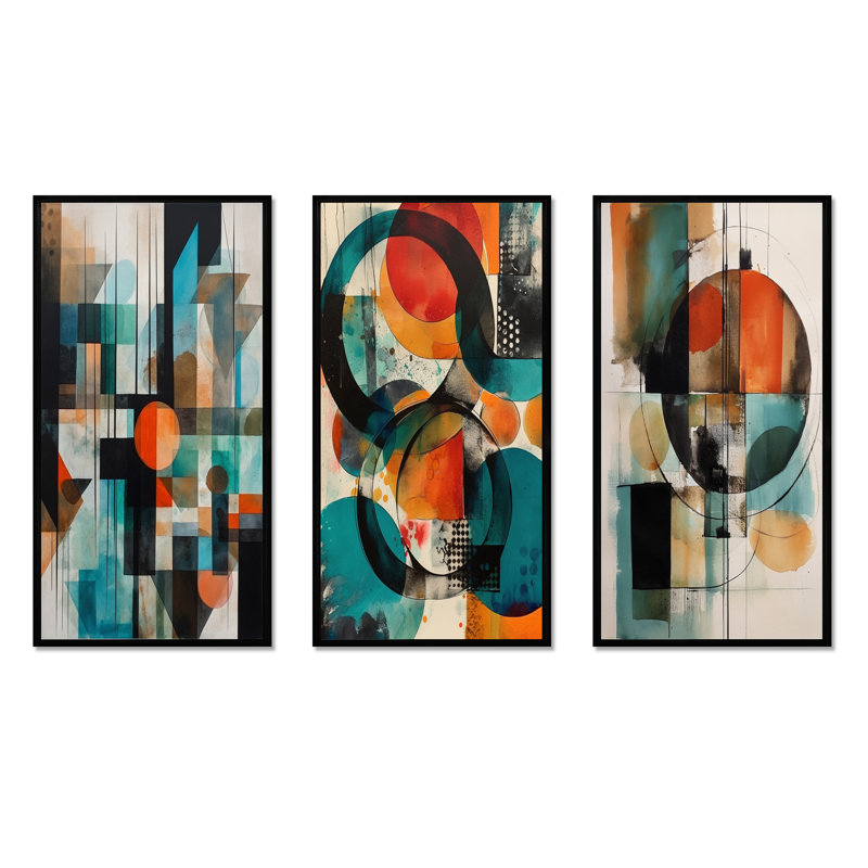 3 pièces sur toile - Explorations géométriques abstraites orange, Cadre flottant noir, H 40 po x l 60 po