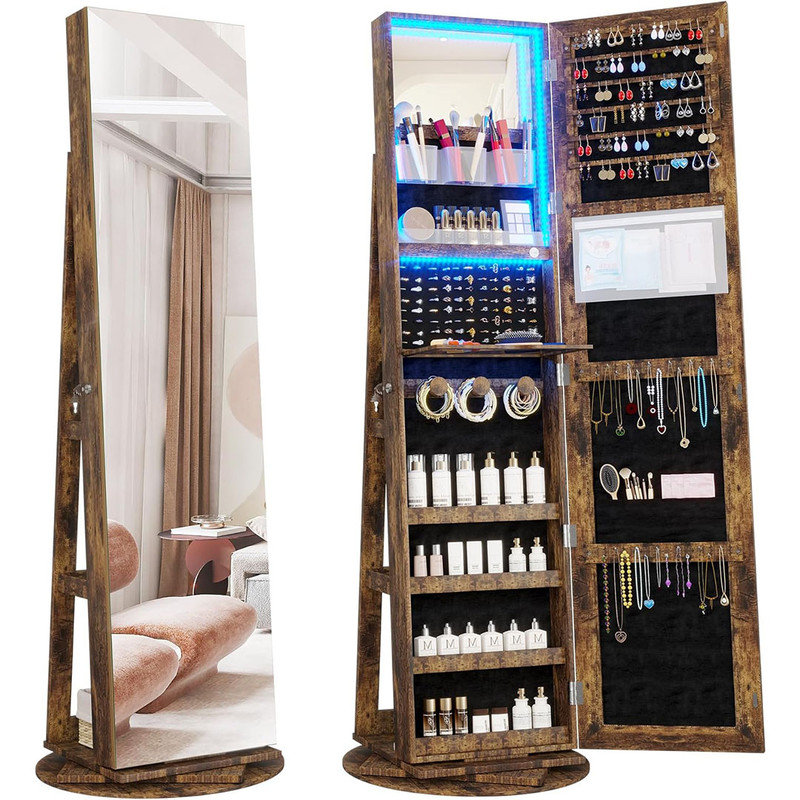 LED Light Jewellery Cabinet with Full Length Mirror 360° Swivel, Lockable Free Standing Mirror with Jewellery Storage, Inside Makeup Mirror, Rustic Brown