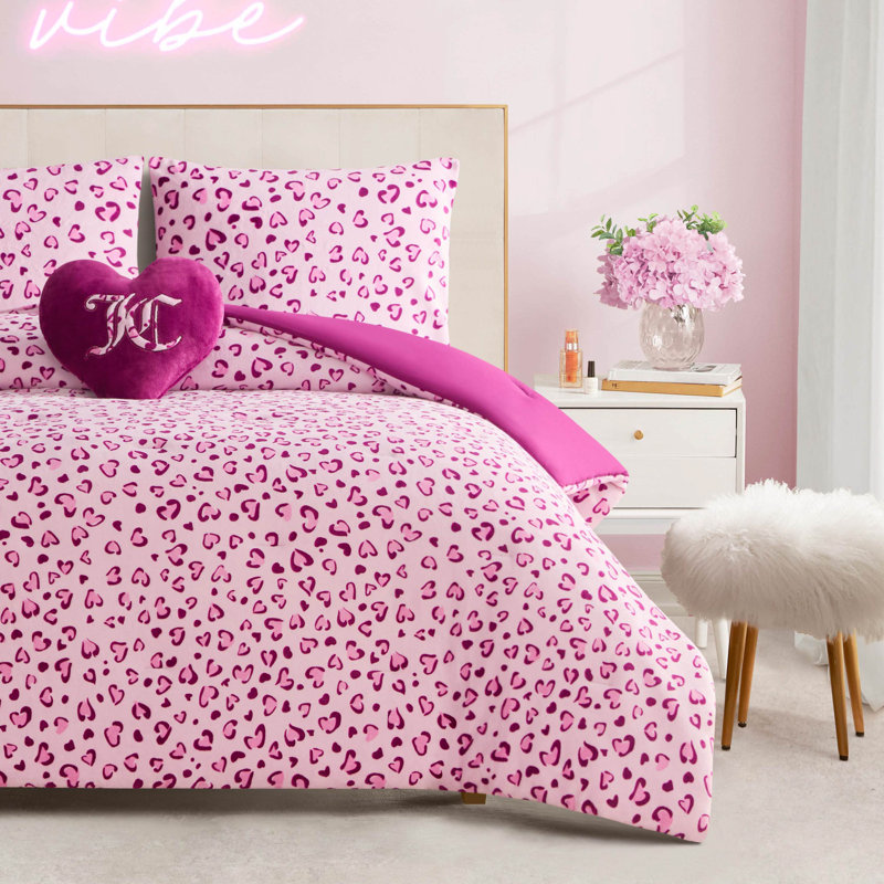Juicy Couture Plush Reversible Leopard Hearts Comforter Set with Decorative Pillow, King