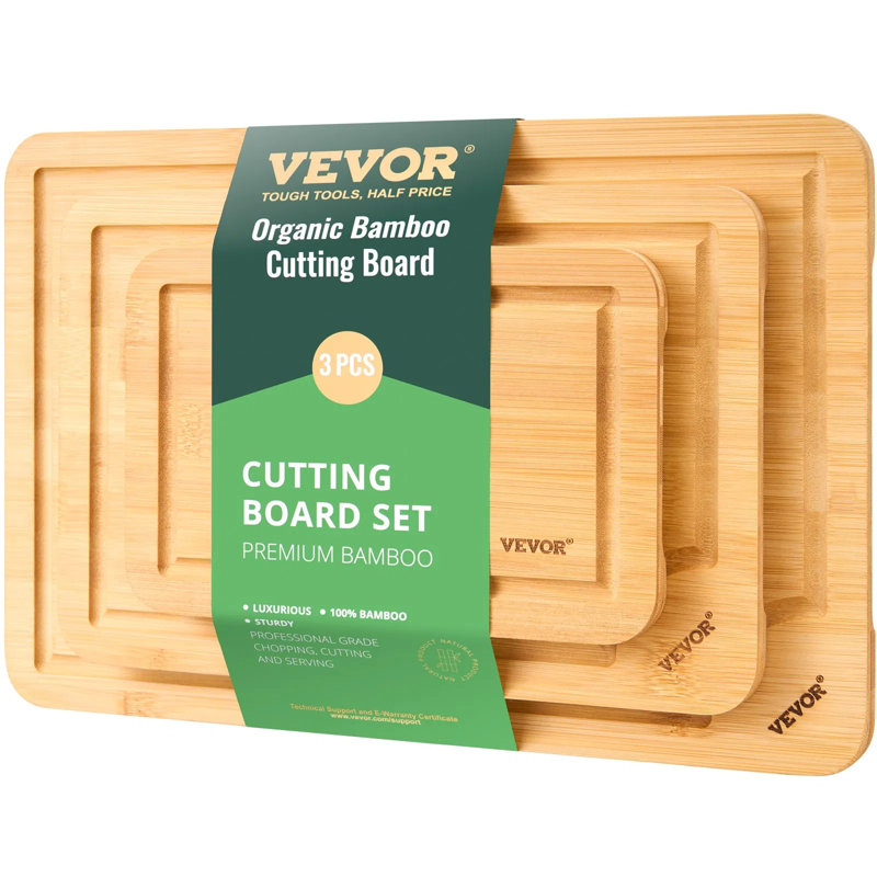 Ensemble de 3 planches à découper en bambou avec rainure à jus et poignée intégrée - Planches à découper robustes et durables pour fruits, légumes, viande, service - Bambou naturel, 3 tailles (9 x 6, 12 x 8, 15 x 10 pouces)