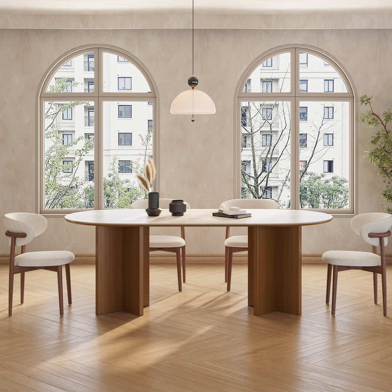 Joerg Oval 71" Matte Sintered Stone Dining Table for 6 Person, Solid Wood Legs for Diningroom