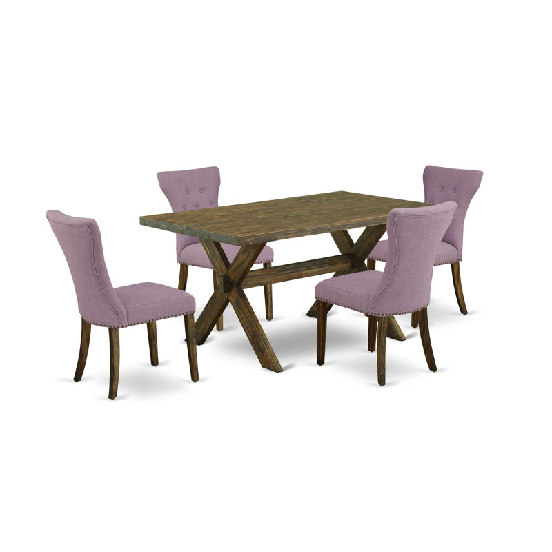 L'ensemble de table de cuisine 5 pièces pour 4 personnes comprend une table de salle à manger rectangulaire avec pieds en X et 4 chaises rembourrées en lin Dahlia