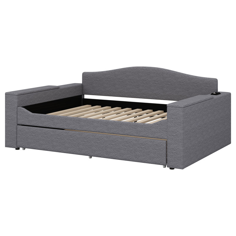 Upholstered Daybed With Storage Armrests, Trundle And Latest Integrated Bluetooth Audio System, Gray