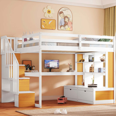 Lit mezzanine double pleine grandeur avec bureau, tablettes de rangement, deux tiroirs intégrés et escalier de rangement pratique, blanc et naturel