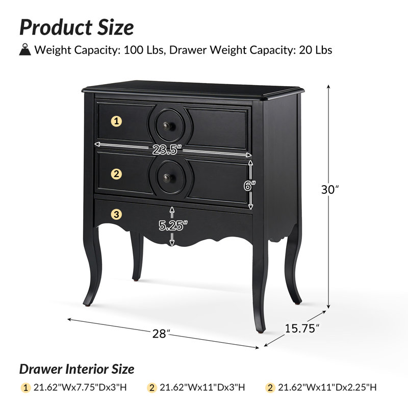 Arbin Traditional 3-Drawer End Table with Charging Station and Hidden Drawer, Black
