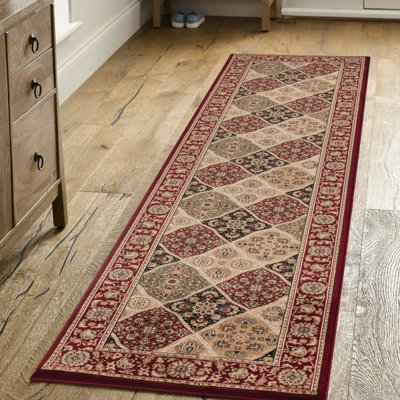Tapis rouge, 31 po X 118 po, fabriqué à la machine avec des médaillons et des motifs floraux encadrés, style traditionnel de luxe orné, velours 100% polypropylène large, long, motifs,