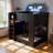 Full Size Wooden Gaming Loft Bed with Desk, LED Light, Charging Station and Storage Shelves, Modern Black Bunk Bed for Teens and Adults, Space-Saving Design
