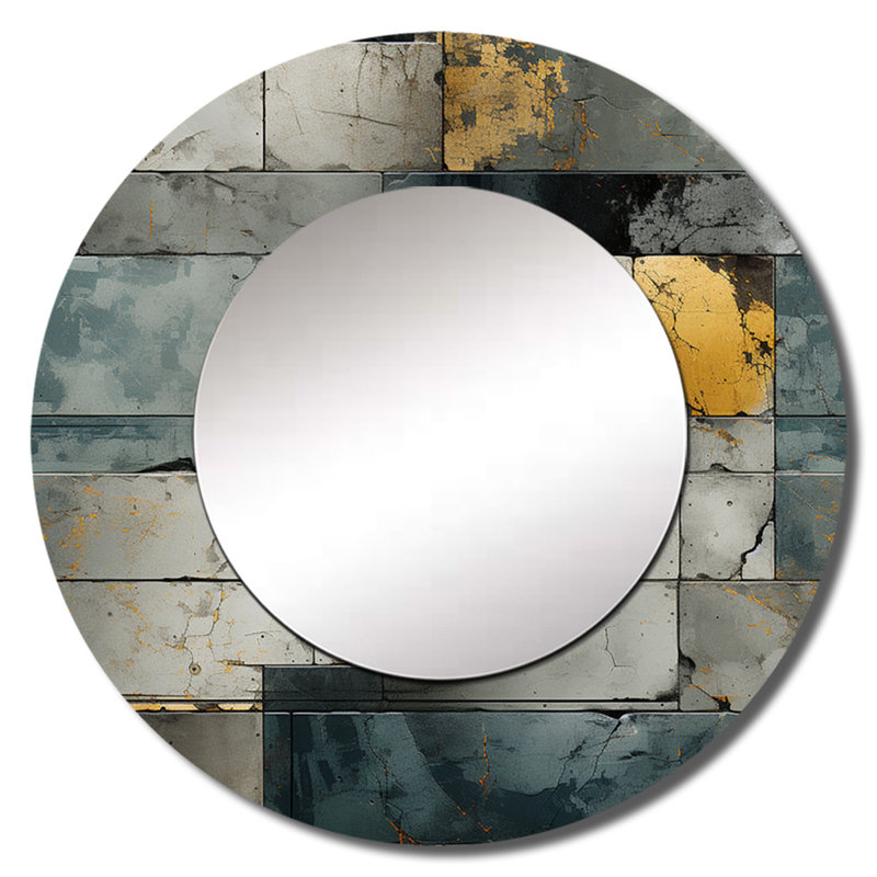 Shaeley Industrial Concrete Wall Illusion - Brick  Wall Mirror, Grey Round Decorative Mirror, Printed Metal Art, 29" x 29"